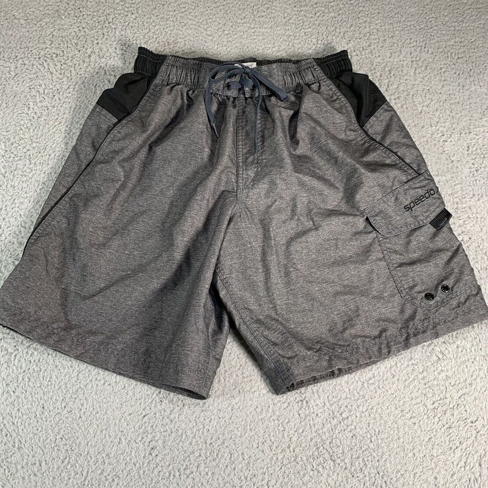 Speedo Swim Trunks Mens Small Gray Black Cargo Pocket Drawstring Mesh Net Lining